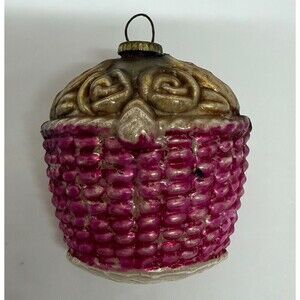 VTG Glass Figural Flower Basket Mini Feather Tree Christmas Ornament Japan Pink